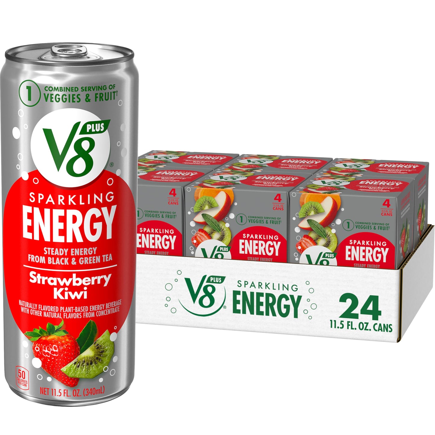 V8 +SPARKLING ENERGY Strawberry Kiwi Energy Drink, Made with Real Vegetable and Fruit Juices, 11.5 FL OZ Can (6 Packs of 4)