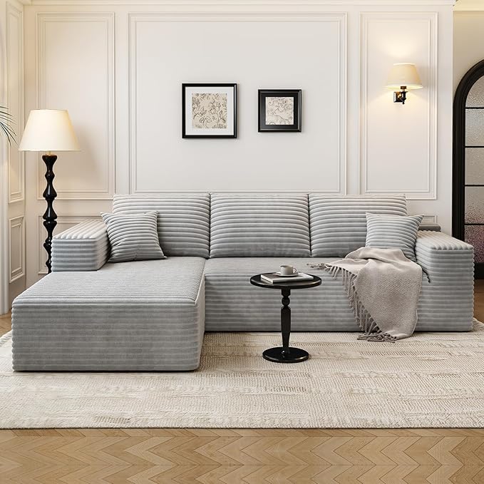 107.5" Cloud Modular Sectional Sofa Couch with L-Shape Chaise,Modern Minimalist Upholstered Couches for Living Room Bedroom,Deep Seat Corner Couch，No Assembly Required (Grey,Left Facing Chaise)