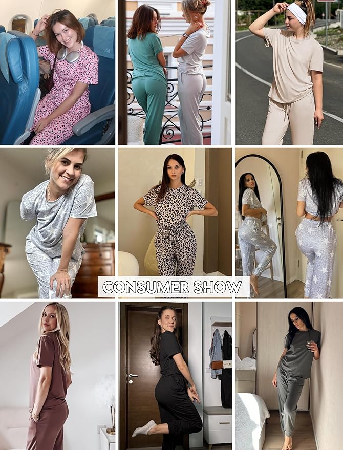 Ekouaer Pajamas for Women Set 2 Pack Lounge Set Short Sleeve Pjs Joggers Long Pants Loungepwear with Pockets
