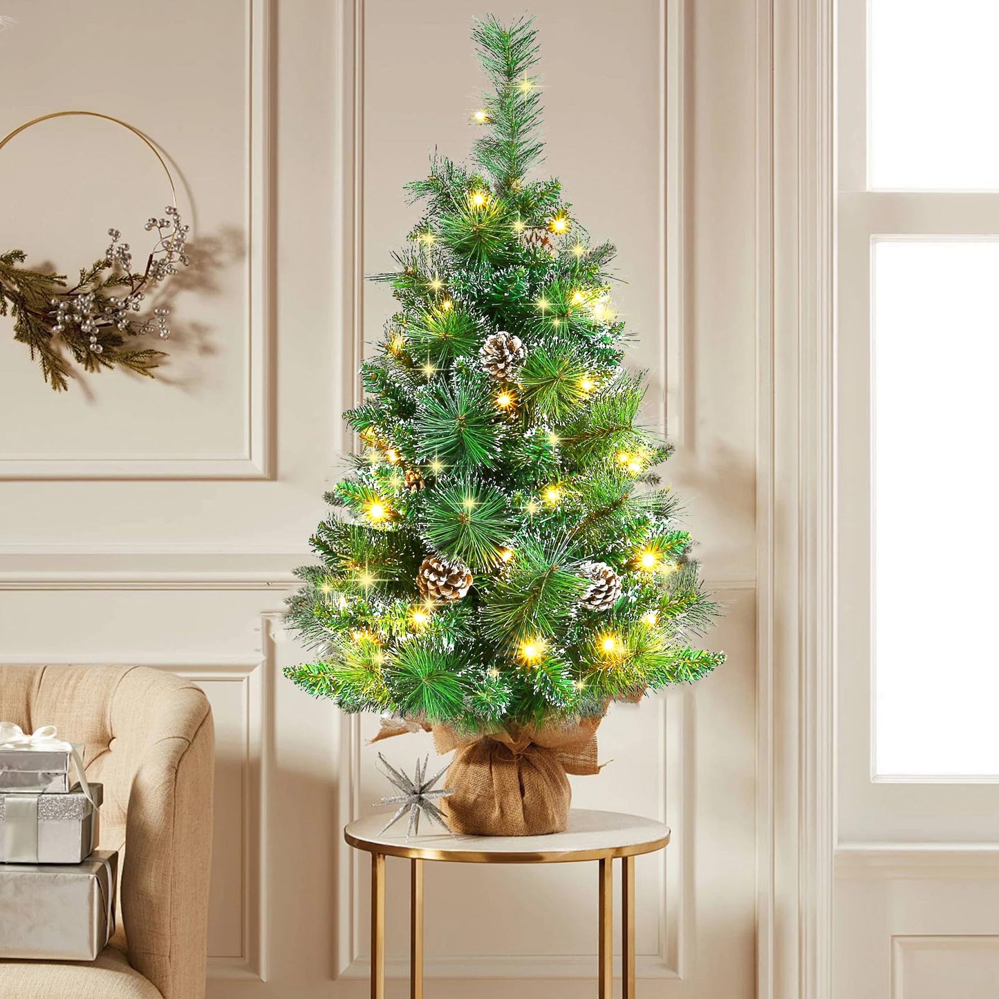 Joyhalo 3FT Christmas Tree Table Top, Small Pre Lit Christmas Tree, Artificial Xmas Tree with 135 Branches 50 Lights Battery Powered, Outdoor Christmas Tree for Apartment Office Holiday Party Decor