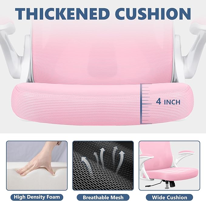 Winrise Ergonomic Office Chair, Mesh Desk Chair with Adjustable Lumbar Support, Flip-Up Armrests, Mid-Back Computer Swivel Task Rolling Chair, Pink