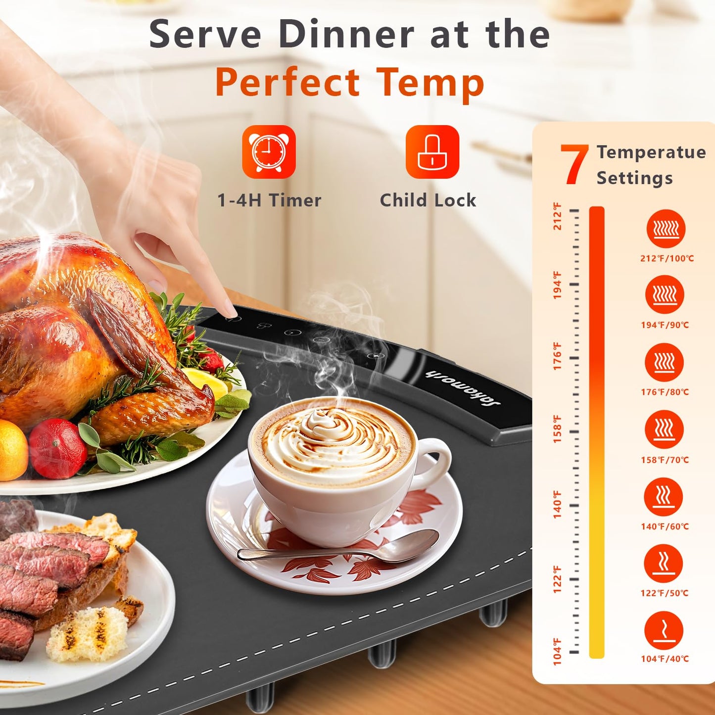Electric Warming Mat for Food, 23"*16" Warming Tray with 7 Adjustable Temp, 10s Fast Heating, 4 Timer Settings, Child Lock, Portable Silicone Food Warmer for Gatherings, Parties, Home Daily Use, Grey