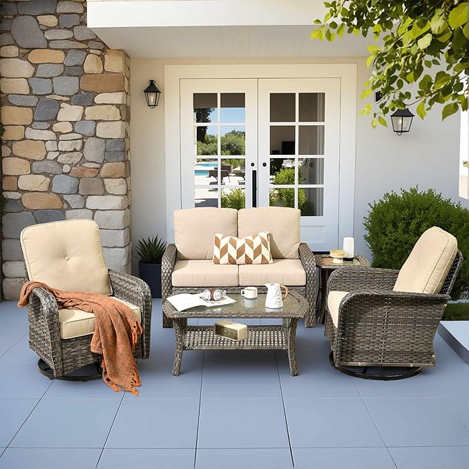 CAODOC 5 Pieces Patio Furniture Set,Outdoor Furniture with Rockers, Rattan Conversation Sets w/Coffee Table, Grey Wicker Light Beige Cushion