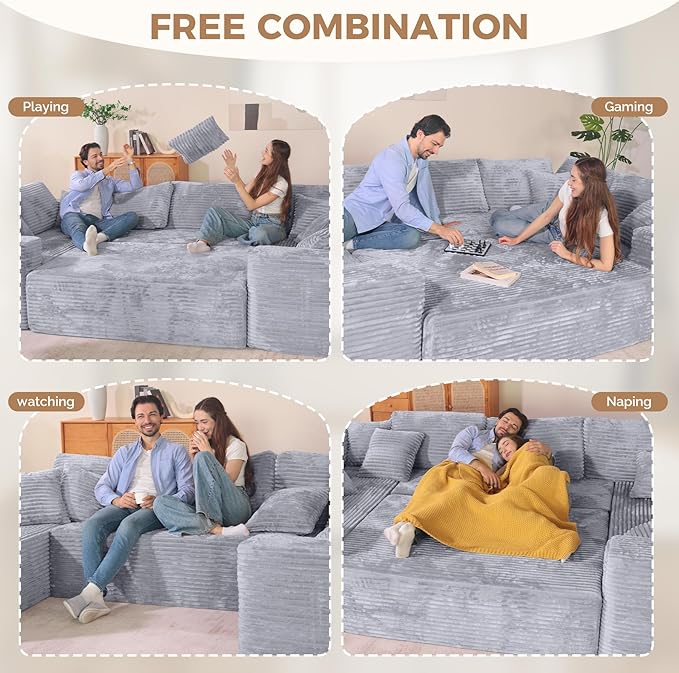 136'' Large Sectional Cloud Couches with Chaise, U Shaped Boneless Loveseat Sofa, No Assembly Required Deep Seat Modular Lounge for Living Room 3PCS Set, Bedroom(Light Grey)