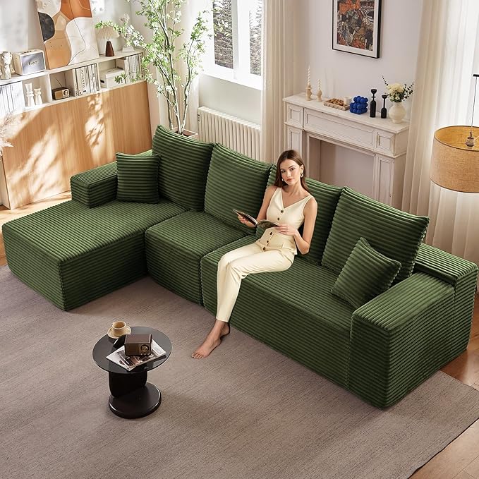 135.4" Cloud Sectional Couch with L-Shape Chaise, Modern Corduroy Boneless Couch for Living Room,Memory Foam Sofa with Deep Seat,No Assembly Required (Green,Left-Facing Chaise)
