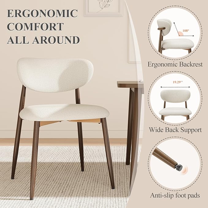MALOL Dining Chairs Set of 2, Upholstered Dining Room Chairs with Metal Legs and Anti Slip Pads, Curved Back Kitchen Chair for Home and Restaurant Use, Beige
