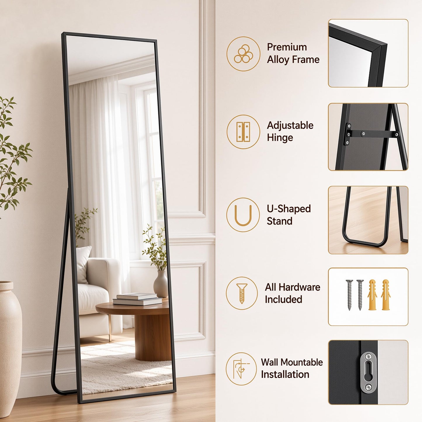 Antok Full Length Mirror, 71"x28" Floor Mirror with Stand, Hanging Mounted Mirrors for Bedroom, Living Room, Cloakroom, Dining Room, Black, Rect