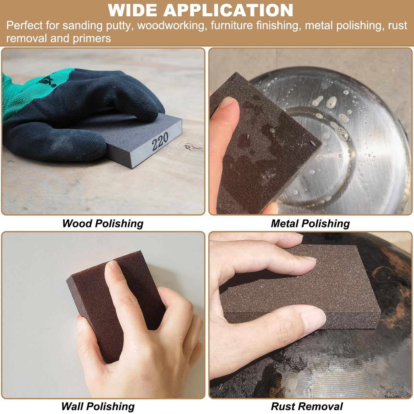 Tonmp 6 Pack 220 Grit Superfine Sanding Sponge, Washable and Reusable Great for Pot Pan Brush Sponge Brush Glasses Wood Metal Sanding (220 Grit-6 Pack)