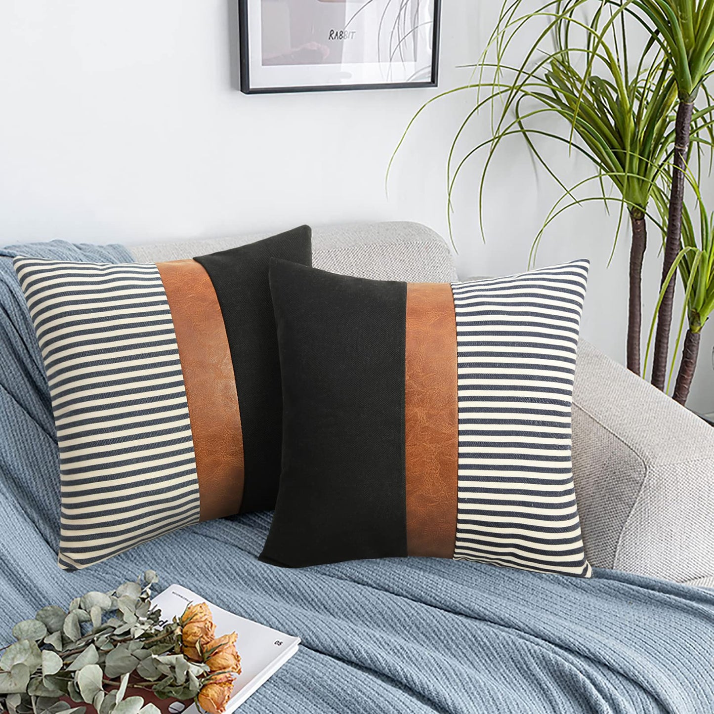 cygnus 22x22 Pillow Covers Set of 2 Boho Rustic Farmhouse Decorative Striped and Black Linen Throw Pillow Covers Modern Brown Faux Leather Covers for Couch Sofa, Navy Striped