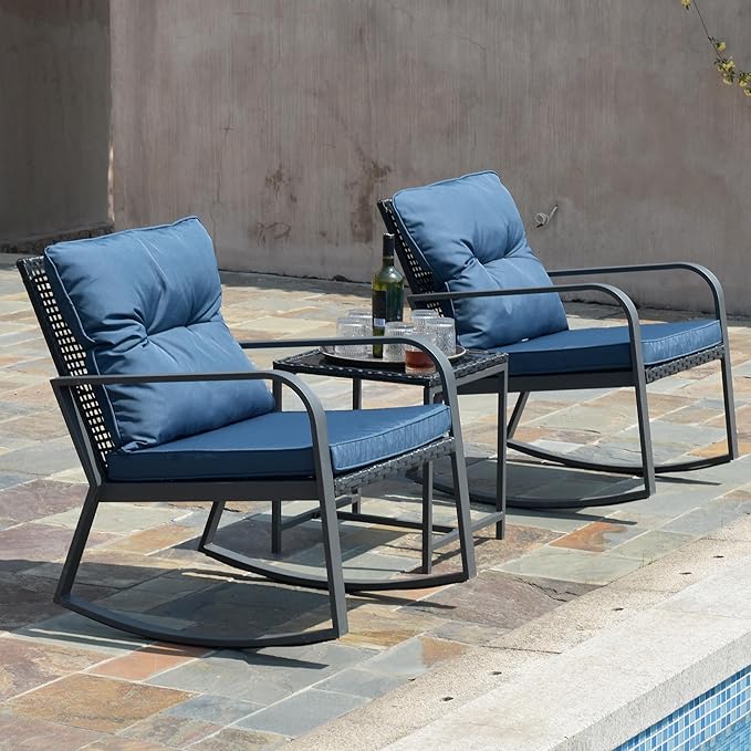HLNPTN 3 Piece Rocking Bistro Patio Set, Outdoor Rocking Chair, Outdoor Bistro Sets Wicker Patio Furniture Rocking Chairs Sectional Couch with Tempered Glass Top Coffee Table & Cushions, Dark Blue