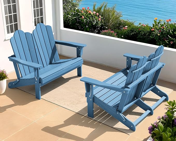 SERWALL Folding Adirondack Bench, HDPE All-Weather Adirondack Loveseat Set of 2, Navy