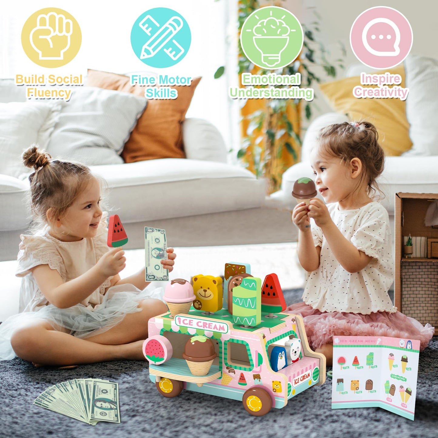 XIAPIA Ice Cream Toys for Girls, Wooden Ice Cream Cart, Pretend Play Toys for 1 2 3 Year Old, Play Food Truck Store for Toddlers 1-3, Boys Ice Lolly Shop Playset, Birthday Gifts for Baby 12-18 Month