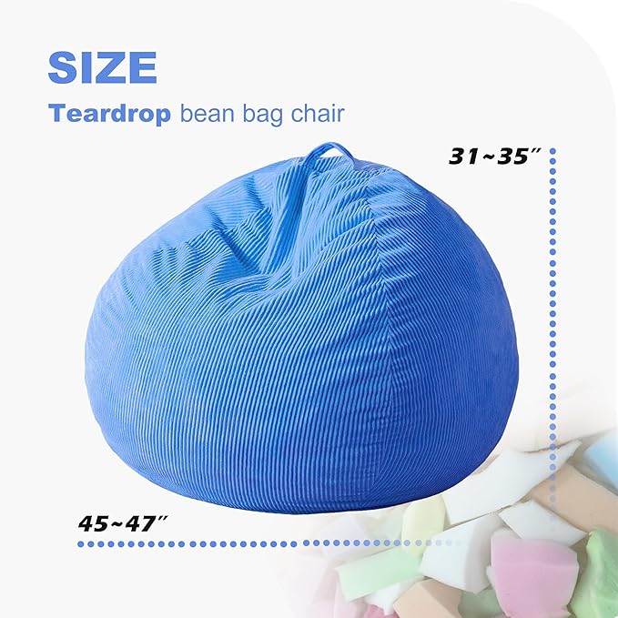 Homguava 4FT Bean Bag Chair for Adults,Teardrop Bean Bags Big Beanbag Chair with Memory Foam Filled and Ultra Soft Removable Corduroy Cover for Living Room, Bedroom (Blue)