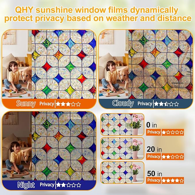 QHY Sunshine Colorful Rainbow Stained Glass Window Film Non-Adhesive Window Privacy Film Reusable Decorative for Room (Rainbow Mosaic, 35.4 X 157.4 in)