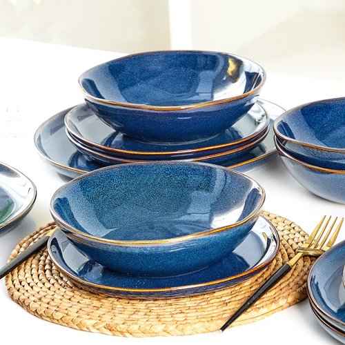 Bestone 12 Pieces Round Kitchen Dinnerware Sets，Plates and Bowls Sets,Dishes, Plates, Bowls, Dish Set, Chip Resistant Ceramic Dinnerware Set, Dishwasher/Microwave Safe,Service for 4,Cobalt Blue