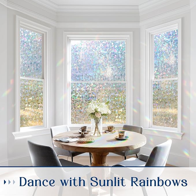 Haton Window Privacy Film Rainbow Film Stained Glass Window Clings, 3D Decorative UV Sun Blocking Sticker, Removable Static Cling Heat Control Tint for Home Door, 35.4" x 157.4" Non-Adhesive