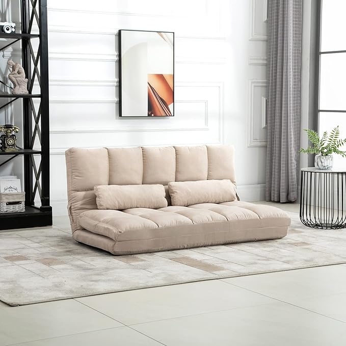 HOMCOM Convertible Floor Sofa Chair, Folding Couch Bed, Guest Chaise Lounge with 2 Pillows, Adjustable Backrest and Headrest, 51.25" L, Beige