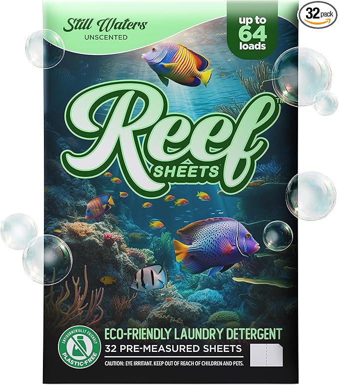 Reef Sheets Laundry Detergent Sheets, 64 loads (32ct Pack), Hypoallergenic & Plastic-Free Eco-Friendly Packaging, Gentle on Skin, Tough on Stains, Travel-Friendly, Fragrance Free, 32ct