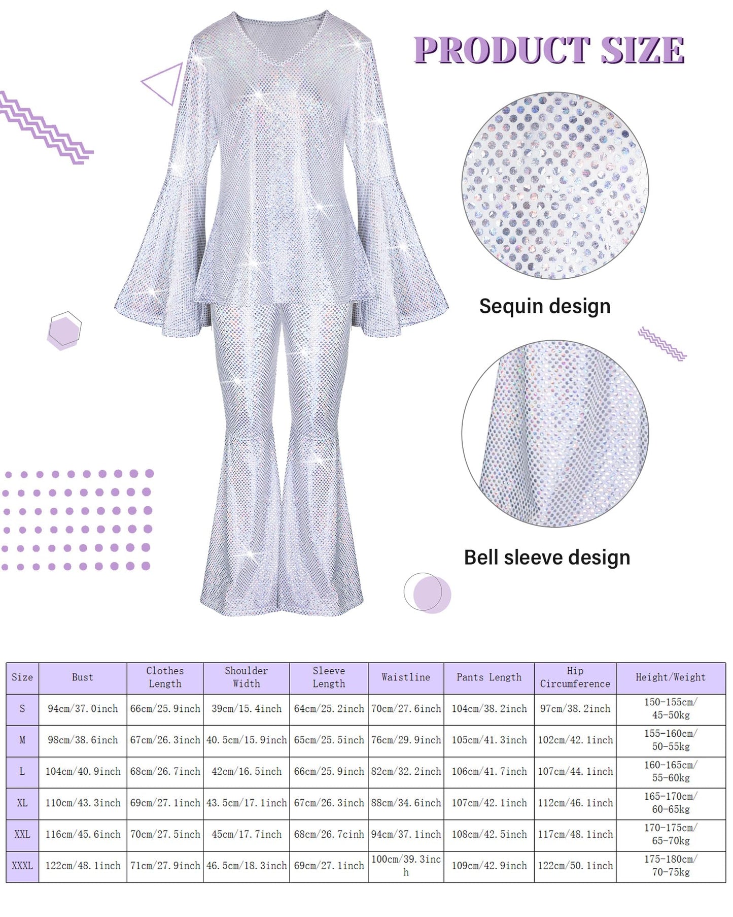 Halloween 70s Women Disco Outfit Costume Set Disco Party Top Pants Sunglasses Ball Necklace Earring Wig(White,Medium)
