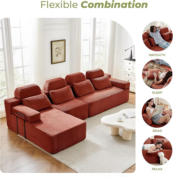 136" L Shaped Cloud Modular Sectional Sofa with Chaise & Headrest, Boneless Deep Seat Plush Corduroy Couches for Large Living Room, No Assembly Required (Orange, 136" L-shapred Chaise)