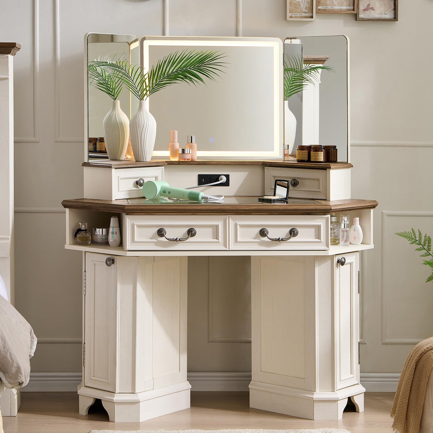 T4TREAM Makeup Vanity Desk 48" with 3 Way Mirror and Lights, Large Farmhouse Corner Vanity Dressing Table with Glass Top & Charging Station, 3 Drawers & 2 Storage Cabinets for Bedroom, Antique White