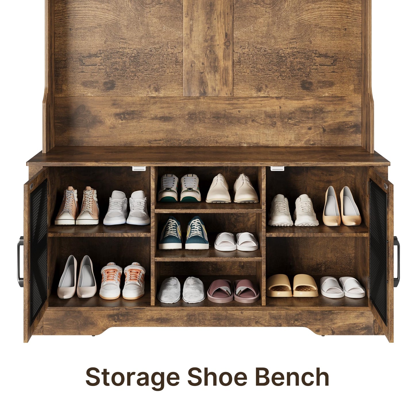 Gizoon Hall Tree with Storage Bench, 5-in-1 Entryway Bench with Coat Rack, Shoe Cubbies, Coat Hooks and Barn Door, Shelf for Foyer, Mudroom,Retro