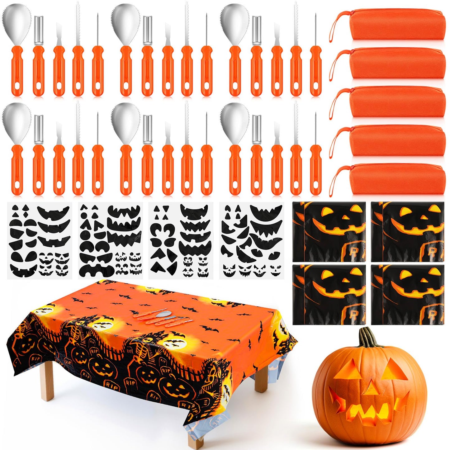 Tioncy 52 Pcs 6 Set Halloween Pumpkin Carving Kit Heavy Duty Stainless Steel Pumpkin Carving Tools with Storage Bag Tablecloth Stickers Tea Lights for Family Party Halloween Decor