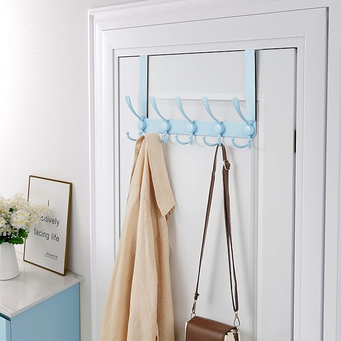 Dseap Over The Door Hook Hanger - 5 Tri Hooks, Heavy Duty Over The Door Towel Rack Coat Rack for Clothes Hat Towel, Blue, 2 Packs
