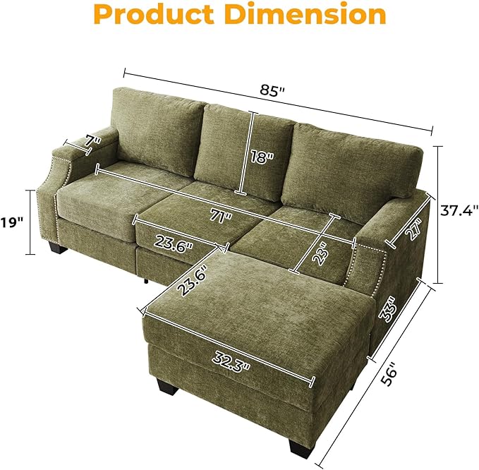 Rukefo 85" Sectional Sofa Couch with Storage Ottoman,L Shaped Couch with Armrest Organizer,3-Seater Sofa,Sofa and Chair Set,Couches for Living Room,Bedroom,Apartment,Chenille,Green