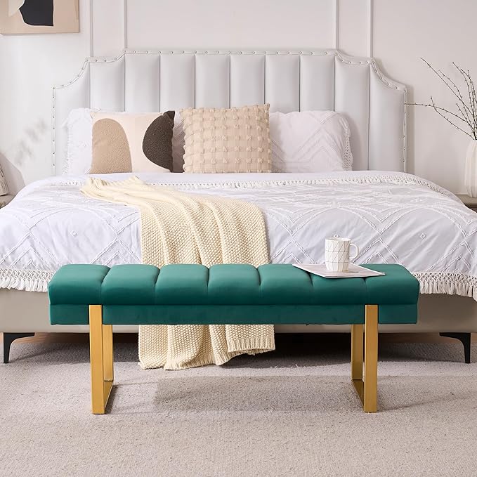 AIITTCC Velvet Ottoman Bedroom Bench, 46.5" Tufted Padded End of Bed Bench with Gold Legs, Upholstered Shoe Bench for Living Room Entryway Window (Green, 46" Wide)