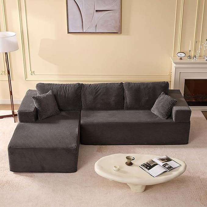 Afuson 107" Boneless Couch with Deep Seat, Modular Sectional Sofa, Cloud Sectional Couch for Living Room, No Assembly Required, Corduroy, L-Shape Left, Grey