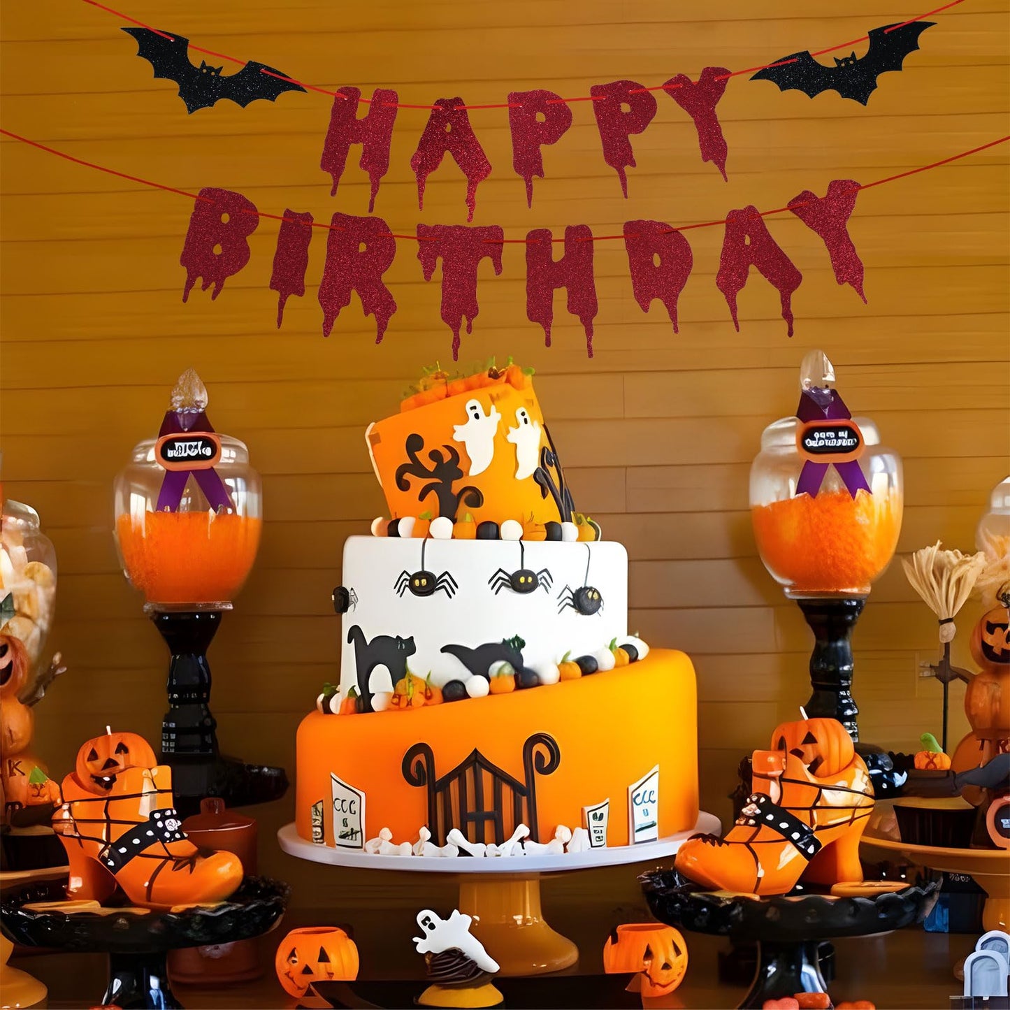 Red Glittery Happy Birthday Halloween Banner - Halloween Hanging Paper Garland Bunting Banner Bloody Bat Vampire Decorations, Photo Backdrop for Wall Home Mantle Office Wall Scary Party Supplies