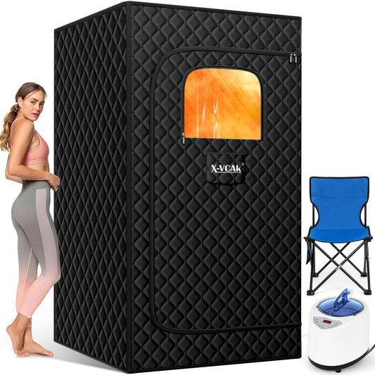 X-Vcak Upgraded Sauna Box for Relaxation, Detoxification, Portable Steam Sauna for Home with Steamer, Remote Control, Folding Chair, 9 Levels, 2.6’ x 2.6’ x 5.9’, Black