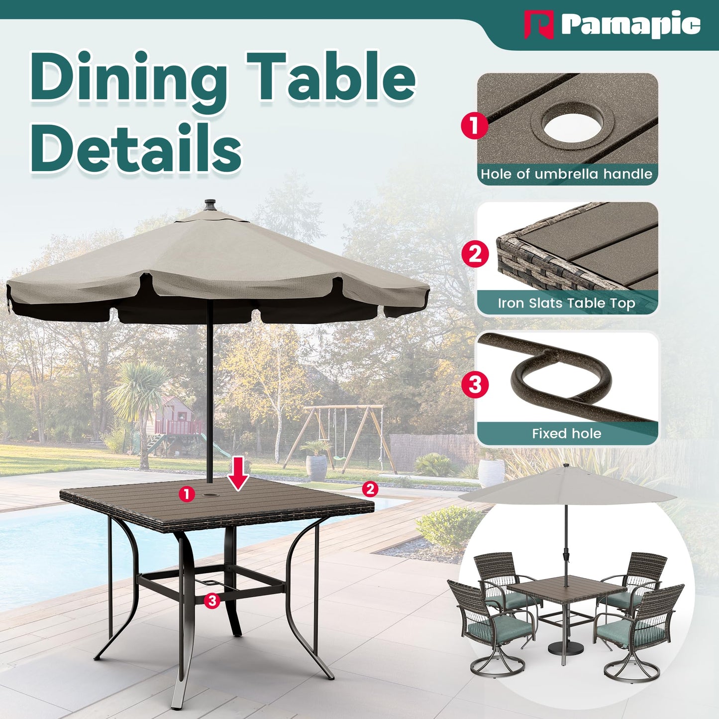 Pamapic 5 Piece Patio Dining Set for 4,Outdoor Wicker Furniture Set for Backyard Garden Deck Poolside with 4 Cushions Swivel Rocker Chairs, Square Iron Slats Table Top, Removable Cushions(Green)
