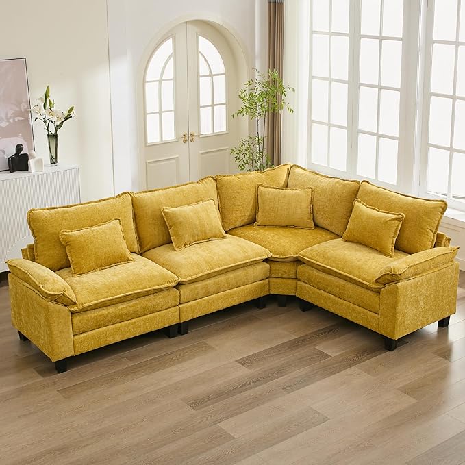 URRED Cloud Couch Modular Sectional Sofa, 116" Modern L Shaped Deep Seat Sofa with Pillows, Ultra Comfy Chenille Corner Couches for Living Room, Bedroom or Apartment, Yellow