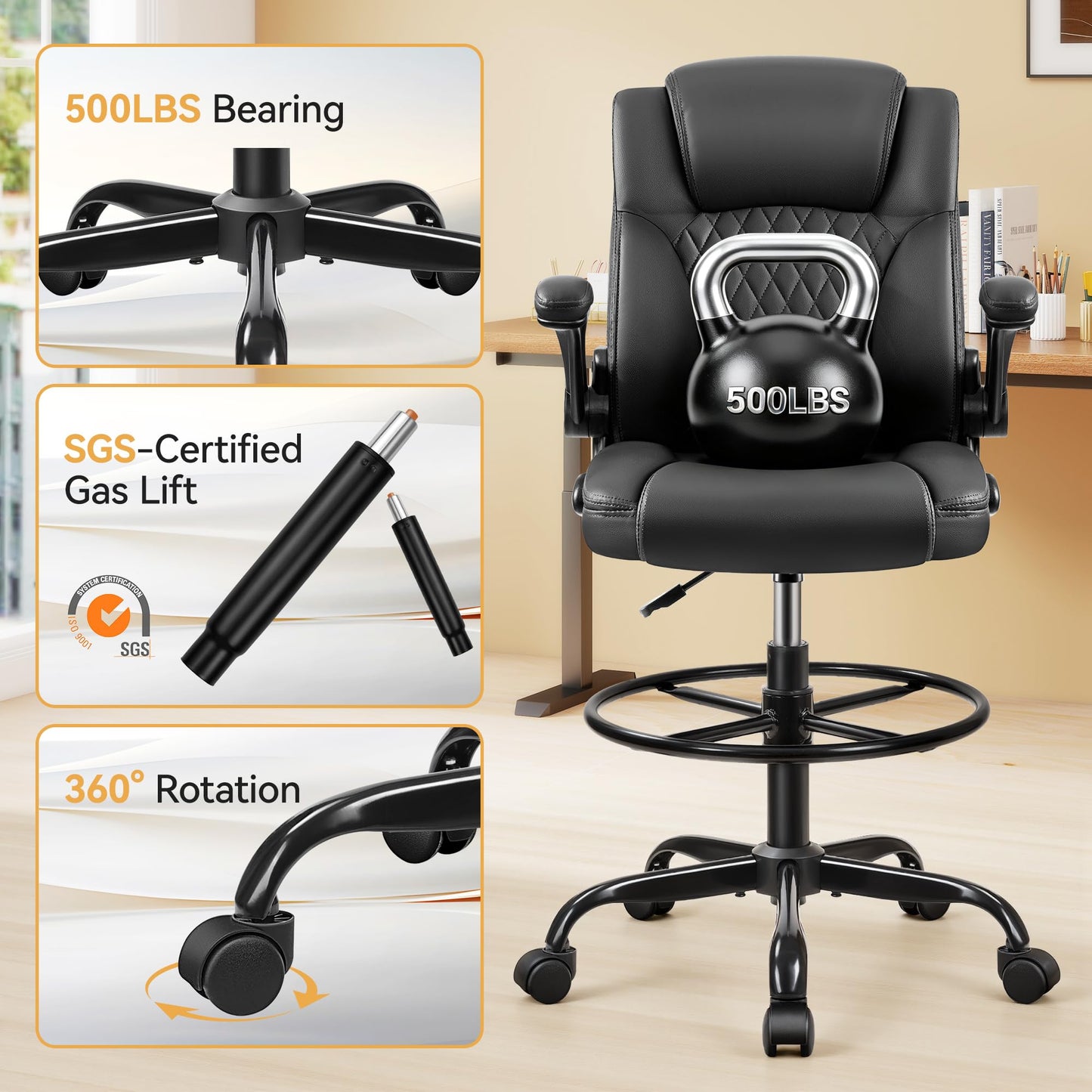 Drafting Chair,Tall Office Chair for Standing Desk,High Executive Leather Ergonomic Computer Chair with Adjustable Height and Flip-Up Armrest for Counter Height Desk,Black