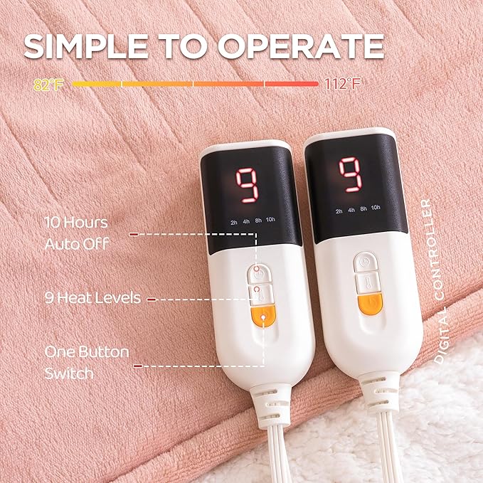 Heated Blanket King Size - Dual Controllers Electric Blanket King with 9 Heat Settings & 10 Hour Auto Off,Overheat Protection,Machine Washable 100"x90"(Candy Pink)