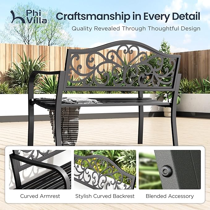 PHI VILLA 43 Inch Cast Iron Steel Frame Outdoor Garden Bench, Patio Furniture Chair Bench w/Floral Design Backrest, Slatted Seat for Park, Yard, Porch - Black