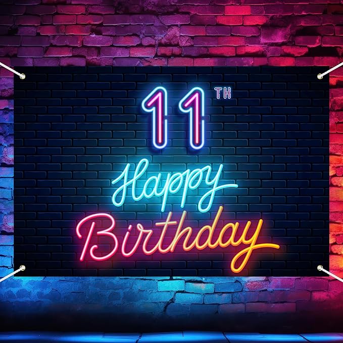 Neon Happy 11th Birthday Backdrop Banner Cool Glow Neon Theme Background Decor for Boys Girls Birthday Party Let’s Glow Pa...
