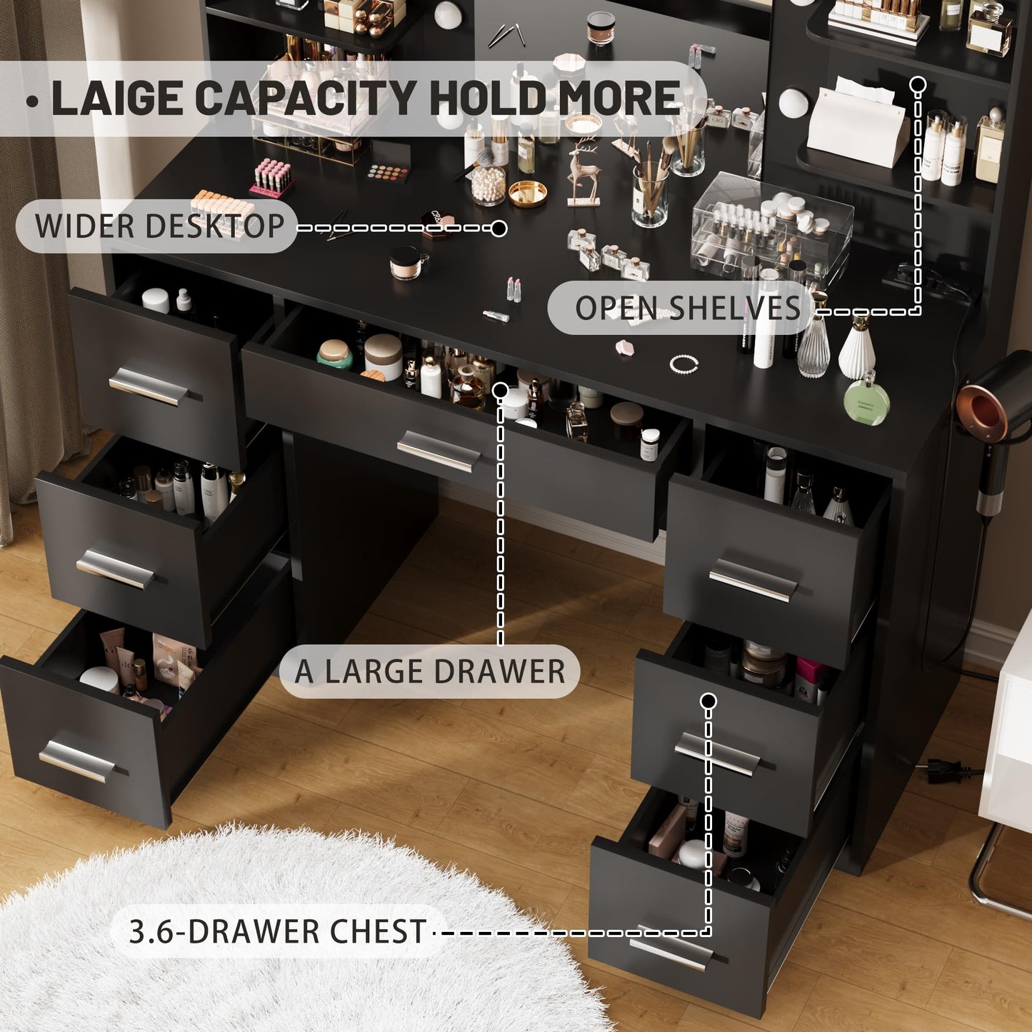 Furmax Vanity Desk with Mirror, LED Lights and Power Outlet Makeup Vanity Table with 7 Drawers and 6 Storage Shelves Dressing Table for Bedroom Dressing Room (Black)