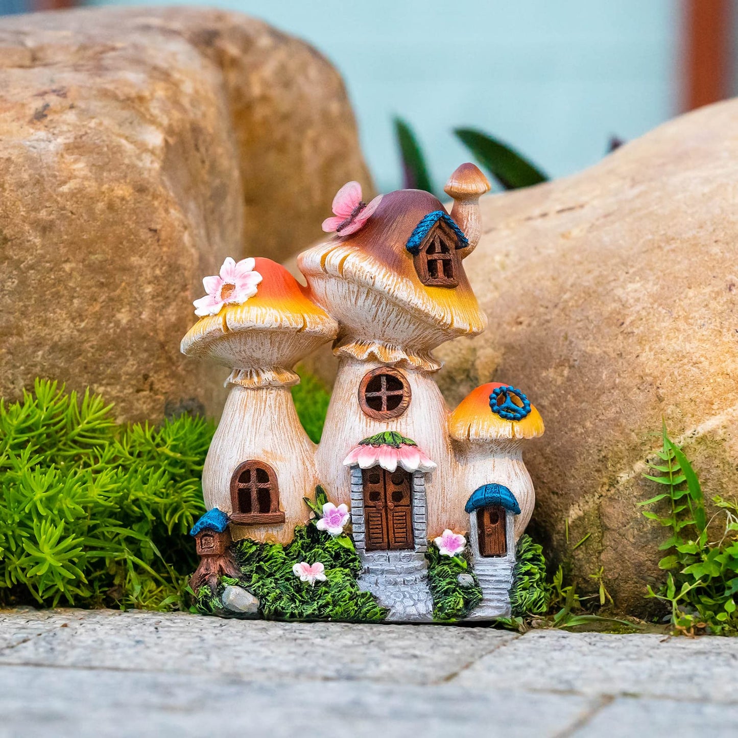 Candieslife Solar Garden Statue Lights Mushroom Fairy House Figurine, Outdoor Memorial Garden Ornaments Waterproof Decoration for Outside Patio Yard Lawn Decor