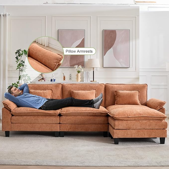 Oprisen 120" Modular Sectional Sofa, Comfy Cloud Couch Sectional Sofa with Ottoman, Chenille Sofa Sleeper Deep Seat Sofa with Throw Pillows for Living Room (Orange, 120"- L Shape)
