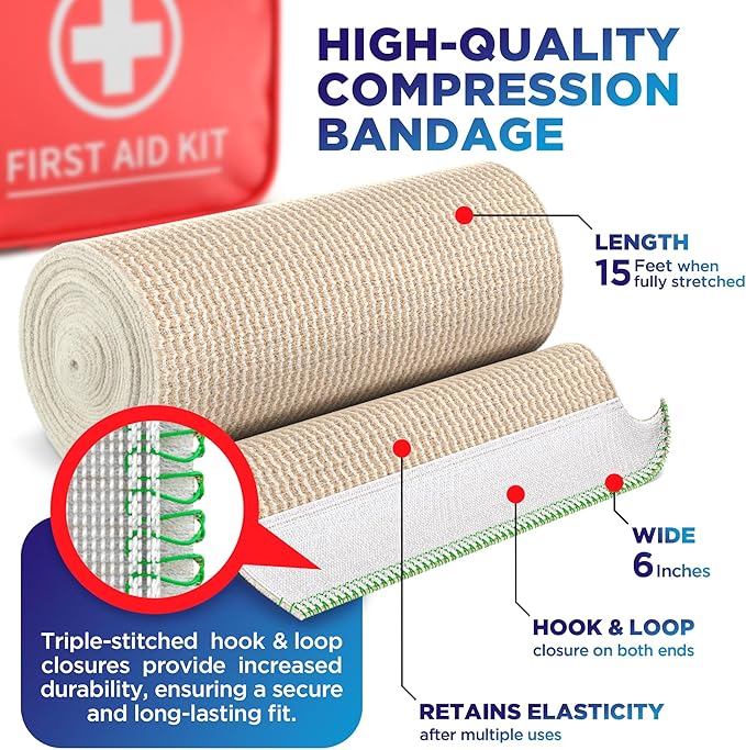 Premium Elastic Bandage Wrap - 6” (2pk) - Strong Compression - Self-Closing Reusable Bandages for Legs, Knee, Abdomen, Lymphedema - Body Wrap
