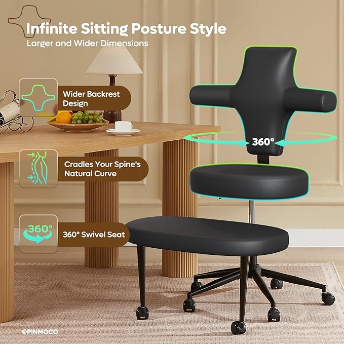 Ergonomic Cross Legged Office Chair Extra Wide for ADHD and Meditation, Kneeling Chair with 360° Swivel Wheels and Reversible Seating, Adjustable Height and Seat Deapth, PU Leather, Black