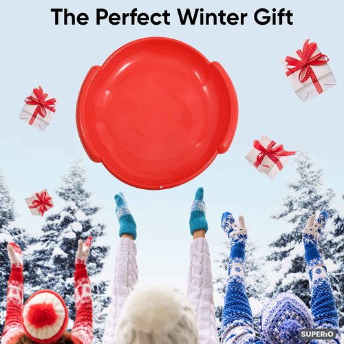 Superio Round Snow Saucer Sled- 24" Plastic Disc Sled for Kids and Adults- Heavy Duty Sled with Handles for Downhill Sledding, Winter Outdoor Sports (Red, 5 Pack)