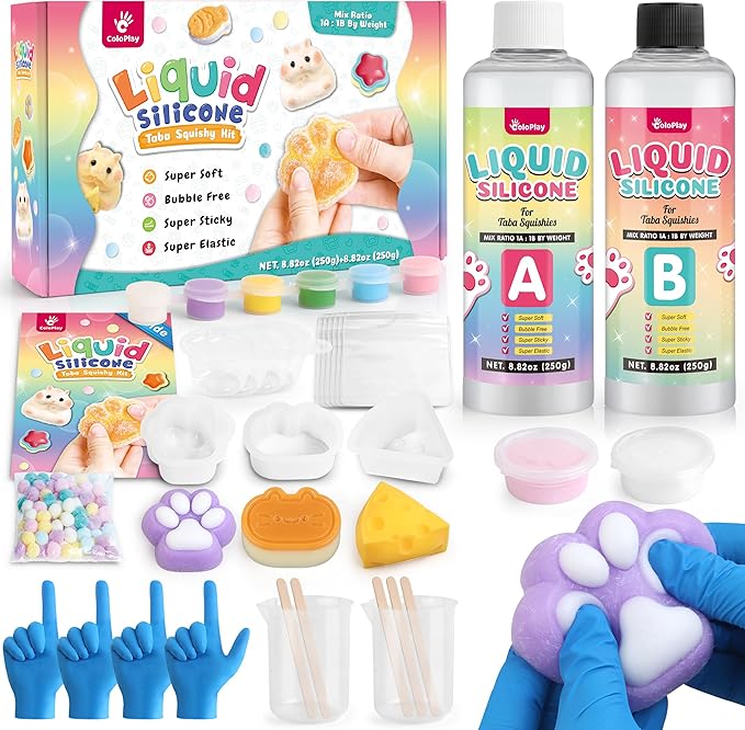 ColoPlay Taba Squishy Kit - 18OZ Rubber with Guided, Bubble Free and Faster Fully Cures - FuFu Squishy Kit with Mold, Floc...