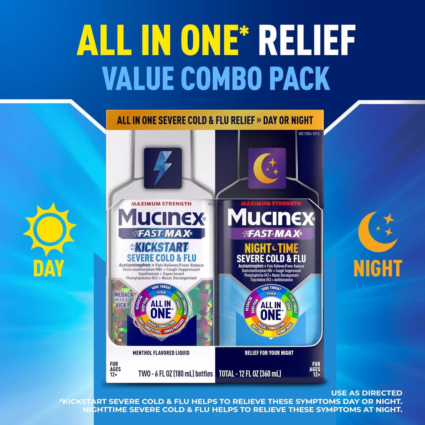 Mucinex Fast-Max Kickstart Severe Cold and Flu Medicine for Adults, Liquid Cold Medicine , Generic Expectorant Guaifenesin & Cough Suppressant Dextromethorphan, Combo Pack, 2x6 fl oz