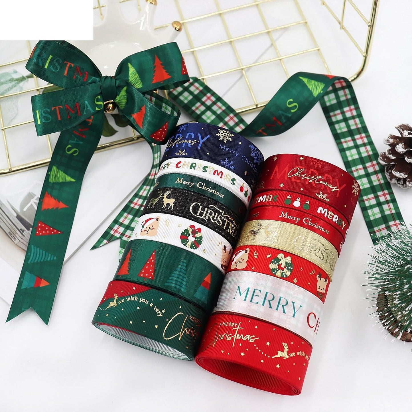 Christmas Gift Wrapping Ribbon, Red, Green, 2 Rolls Printed Grosgrain Ribbons for Crafts, Floral Bouquets, Sewing, Party and Festive Holiday Decor (2 Rolls(Green/Red), 1 Rolls=3/8in * 10Yards)