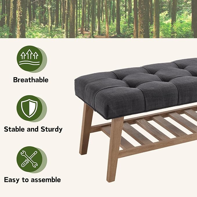 Janoray Entryway Shoe Bench Storage Benches with Upholstered Button Tufted Seat and Open Slatted Shelf Linen Ottoman Bench for Hallway Living Room Bedroom End of Bed, Charcoal