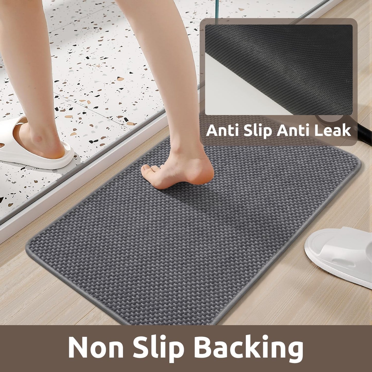 AMOAMI Chenille Bath Mat Super Absorbent Bathroom Mat Quick Dry Low Pile Bath Mats for Bathroom Washable Rubber Backed Bathroom Runners Fit Under Door, Front of Bathtub, Darkgrey&LIGHTGREY 17"x59"